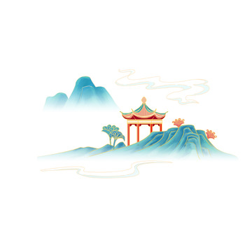 青绿色国潮山水凉亭插画