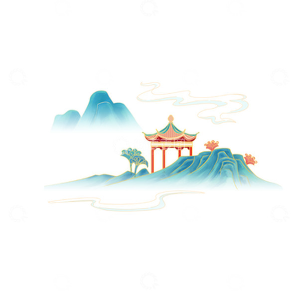 源文件下载【趣麦麦图】-青绿色国潮山水凉亭插画
