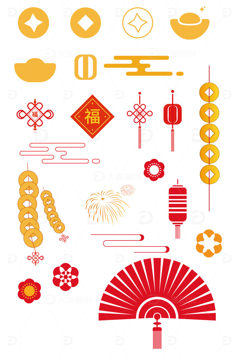 剪纸福字铜钱元宝灯笼中国结新年元素