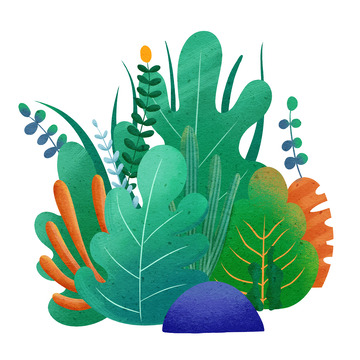 绿色橙色小清新春天草丛手绘插画