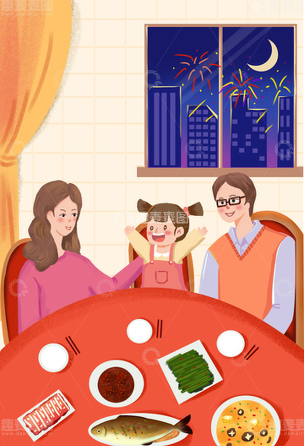 源文件下载【趣麦麦图】红色卡通手绘元旦团圆饭背景