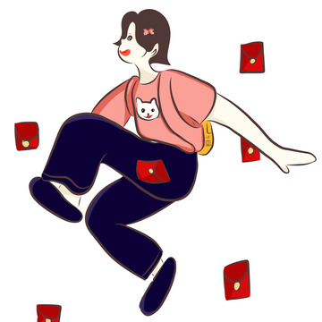 粉色上衣蓝裤子飞奔女孩装饰手绘图