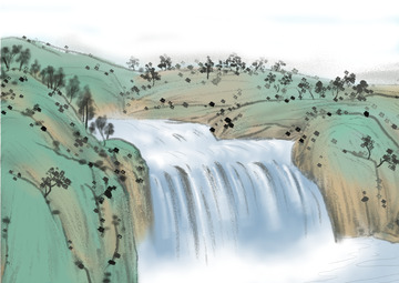 青绿色水墨手绘瀑布河流素材