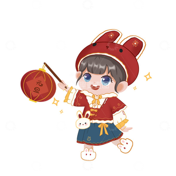 源文件下载【趣麦麦图】手绘手提灯笼的小女孩元旦节