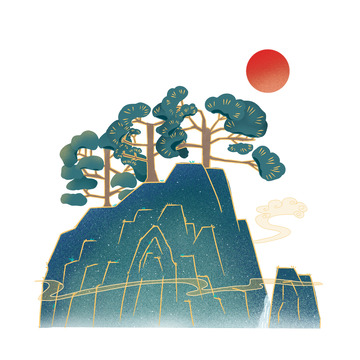 国潮烫金金线山水云雾缭绕黄山迎客松国风