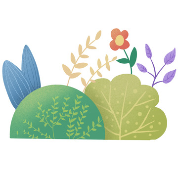 蓝绿色草丛植物叶子花朵手绘噪点插画