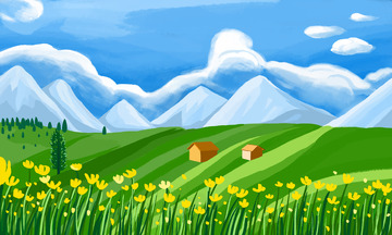 蓝天绿野清新明亮风景手绘图