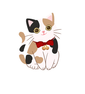 三色卡通戴蝴蝶结铃铛的可爱三花猫手绘图