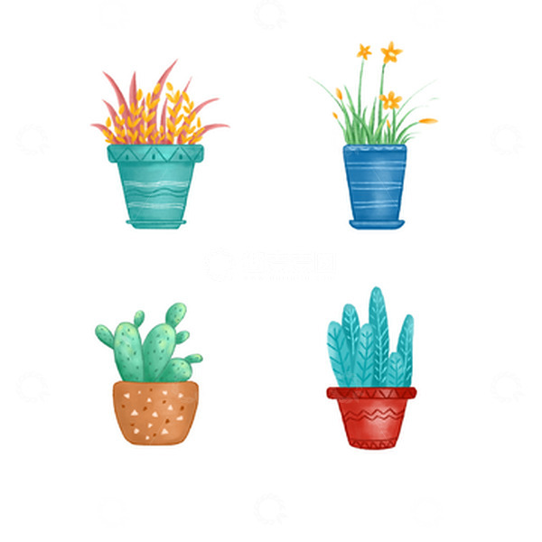 源文件下载【趣麦麦图】清新蓝色绿色花卉盆栽装饰双11手绘图