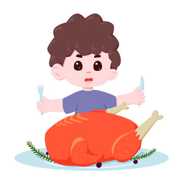 感恩节男孩吃烤火鸡手绘图
