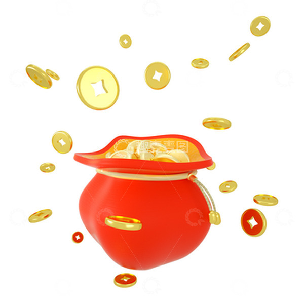 源文件下载【趣麦麦图】3D立体电商双十一铜钱钱币红色百宝袋