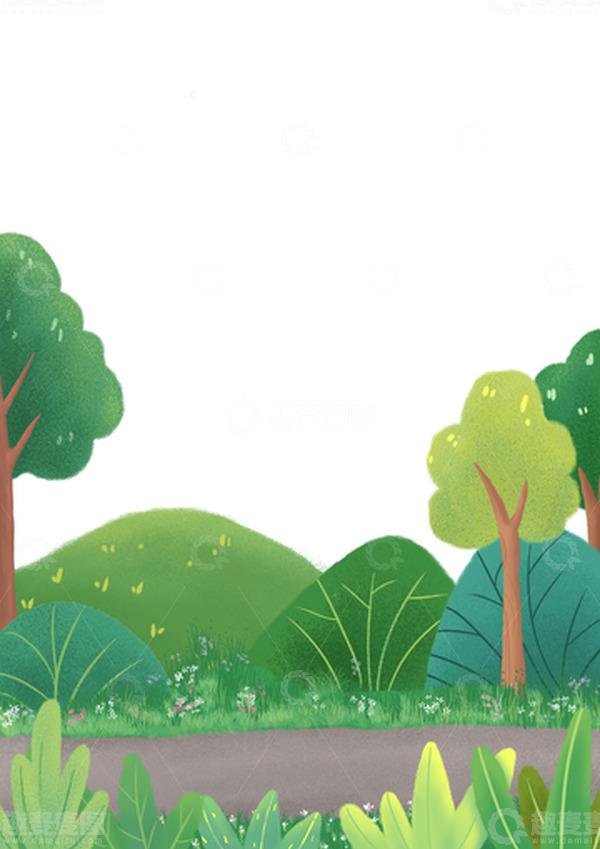 源文件下载【趣麦麦图】绿色小清新青草马路绿树草原山坡手绘