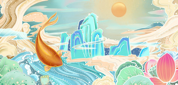 青绿山水国潮手绘鲤鱼龙门背景