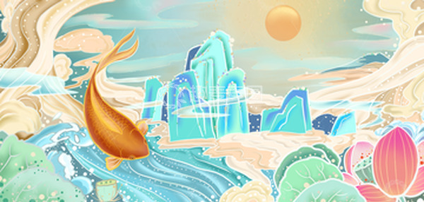 源文件下载【趣麦麦图】青绿山水国潮手绘鲤鱼龙门背景