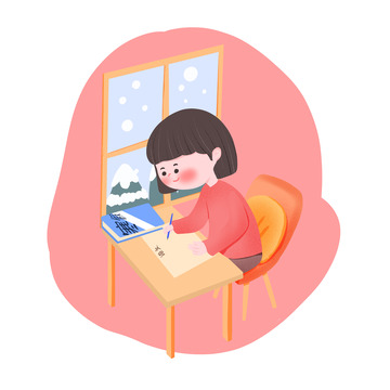 小清新 女学生寒假补习手绘卡通