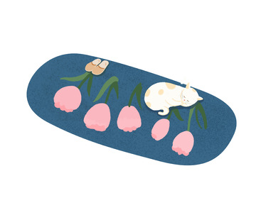 温暖手绘郁金香地毯猫咪熟睡