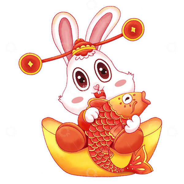 源文件下载【趣麦麦图】手绘红色2023年兔年生肖兔抱鲤鱼
