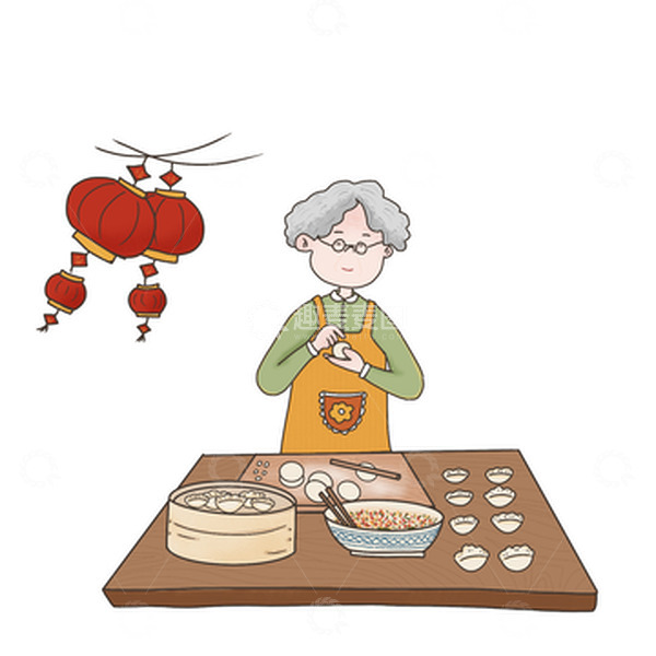 源文件下载【趣麦麦图】包饺子立冬新春冬至老人居家蒸饺灯笼案板