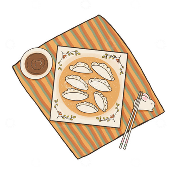 源文件下载【趣麦麦图】立冬节气冬至吃饺子条纹餐巾蘸醋碟筷子兔子