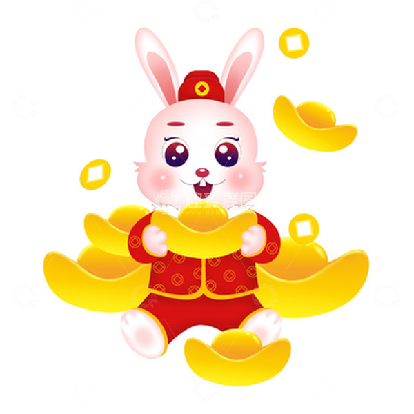 源文件下载【趣麦麦图】金色手绘兔年生肖可爱金元宝