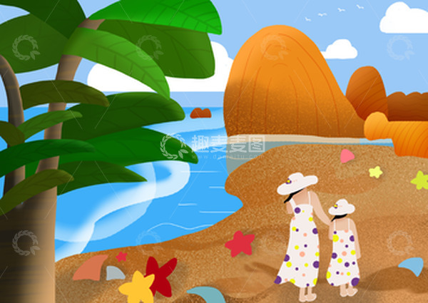 源文件下载【趣麦麦图】手绘小清新沙滩扁平风悠闲散步