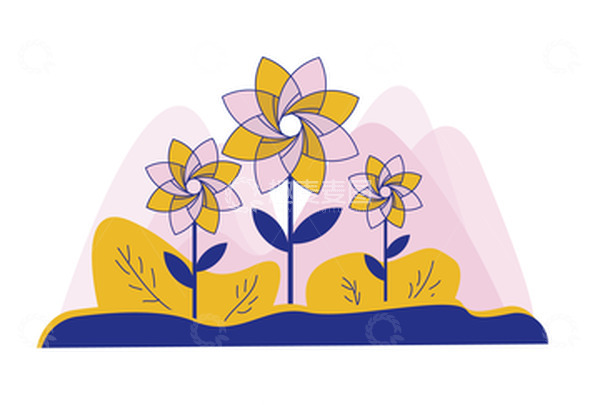 源文件下载【趣麦麦图】蓝色金色个性高饱和配色手绘矢量扁平花朵