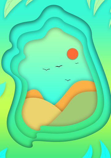 剪纸风 绿色 渐变 植物 山 太阳