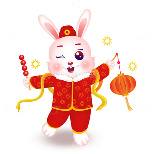 源文件下载【趣麦麦图】红色手绘兔年生肖提灯笼的小兔子