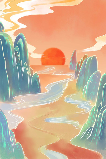 夕阳国潮山脉背景