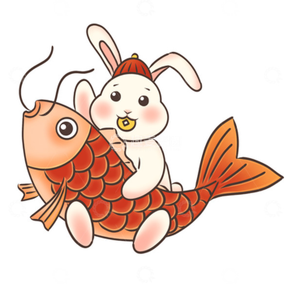 源文件下载【趣麦麦图】红色兔子抱鲤可爱兔年生肖卡通元素