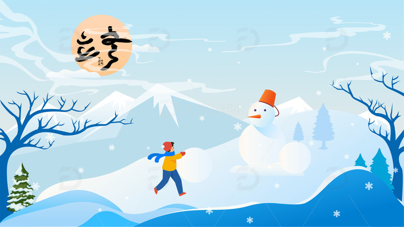 冬天立冬下雪天雪山雪花人物堆雪人插画背景
