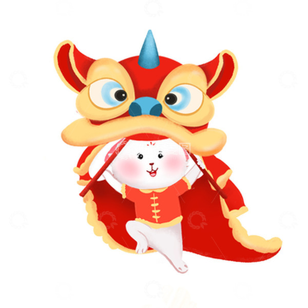 源文件下载【趣麦麦图】红色新年卡通兔子舞狮子手绘元素
