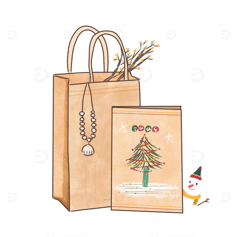 手绘复古水彩风立冬贺卡纸袋雪人腊梅雪松