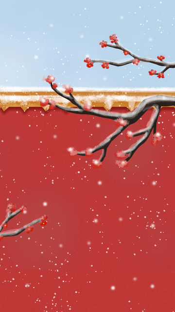 红色墙头立冬梅花雪花漫天冬天