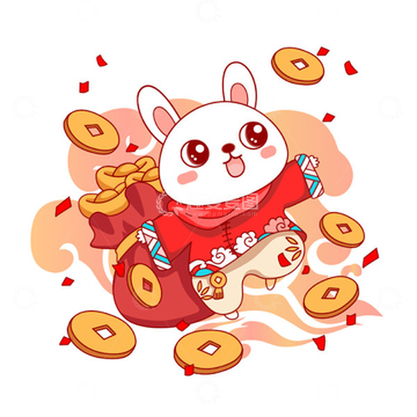 源文件下载【趣麦麦图】大红兔年新年快乐卡通手绘插画