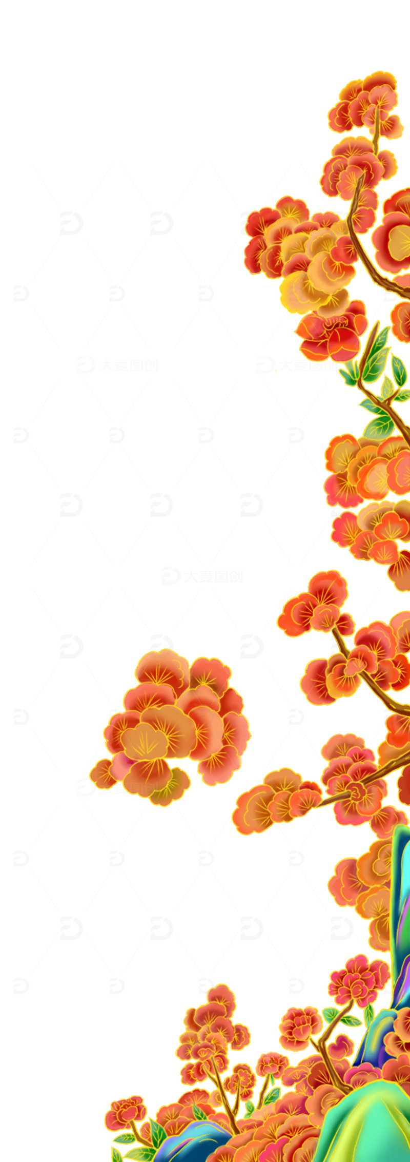 红色喜庆国潮边框花边青绿山水手绘素材