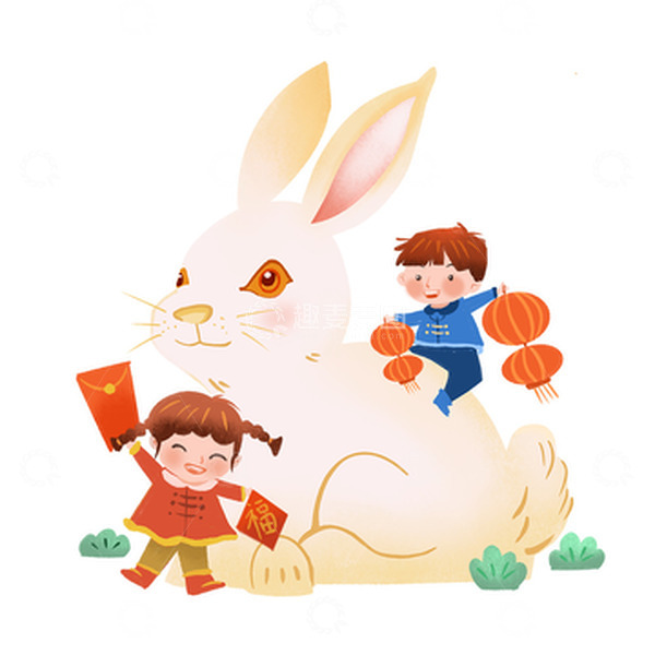 源文件下载【趣麦麦图】-卡通兔年新年快乐可爱小孩过大年手绘素材