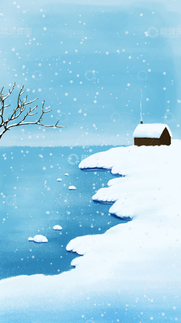 源文件下载【趣麦麦图】-白色蓝色小清新立冬结冰下雪雪地手绘插画