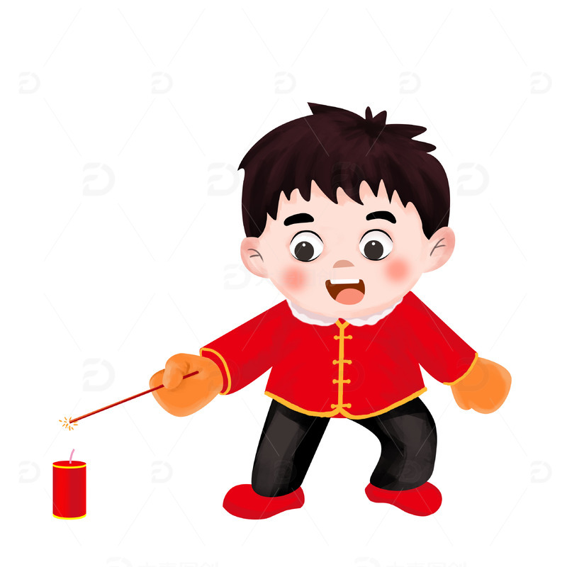 红色喜庆春节儿童放鞭炮手绘图