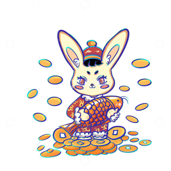 源文件下载【趣麦麦图】喜庆招财兔子抱着鲤鱼素材