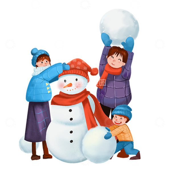 源文件下载【趣麦麦图】-蓝色一家人立冬下雪堆雪人手绘图