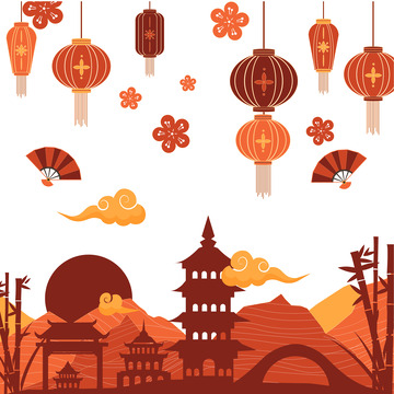 中式传统剪纸灯笼山脉塔城市图标装饰插画