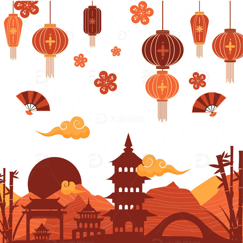 源文件下载【趣麦麦图】中式传统剪纸灯笼山脉塔城市图标装饰插画