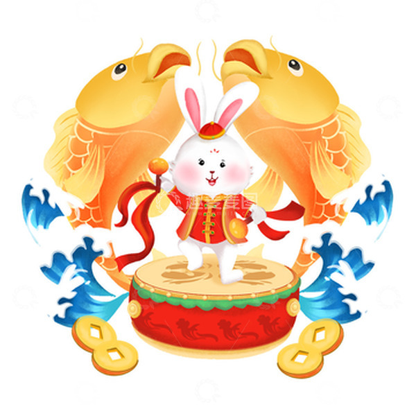 源文件下载【趣麦麦图】金色卡通年年有余生肖兔子手绘图
