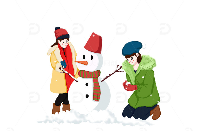 手绘下雪堆雪人立冬元素