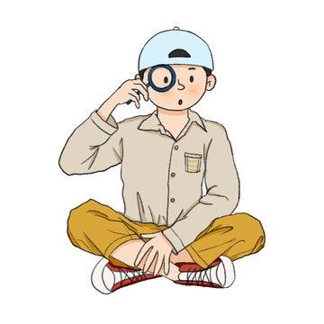 大地色简约卡通拿着放大镜的好奇男孩手绘图