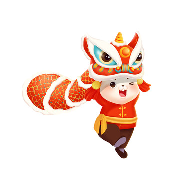 红色手绘兔年兔子舞狮元旦春节年俗