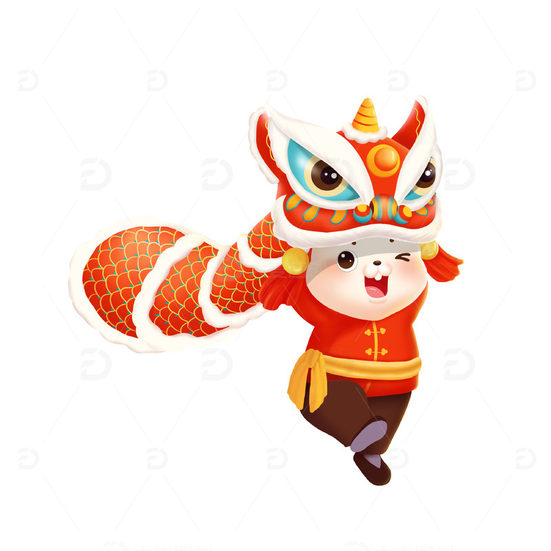红色手绘兔年兔子舞狮元旦春节年俗
