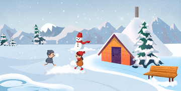 小清新手绘雪景冬天堆雪人背景