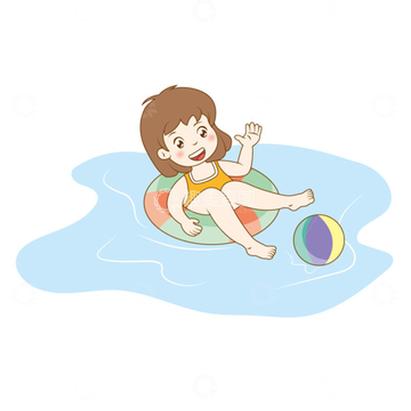 源文件下载【趣麦麦图】蓝色卡通游泳的小女孩手绘图